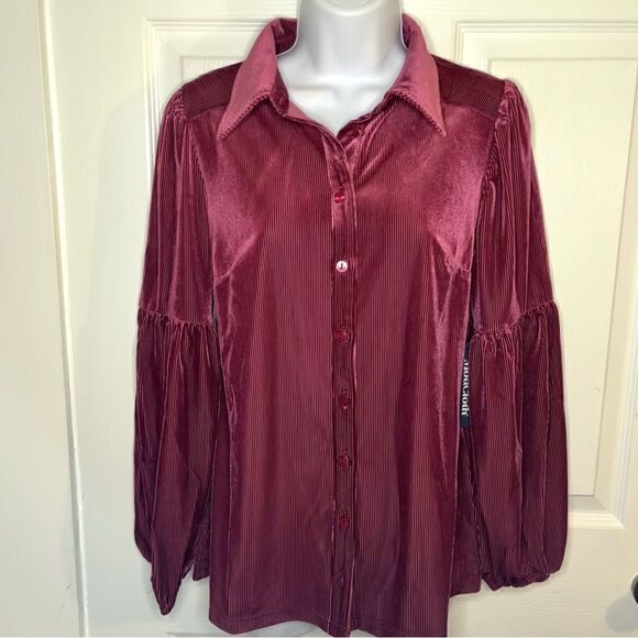 Modcloth Here For the Drama Button Up Corduroy Velvet Top Balloon Sleeve Wine S - Picture 4 of 12